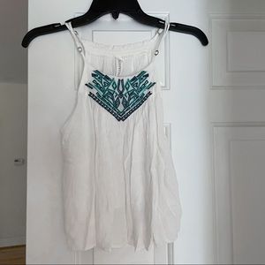 High neck white tank with turquoise embroidery